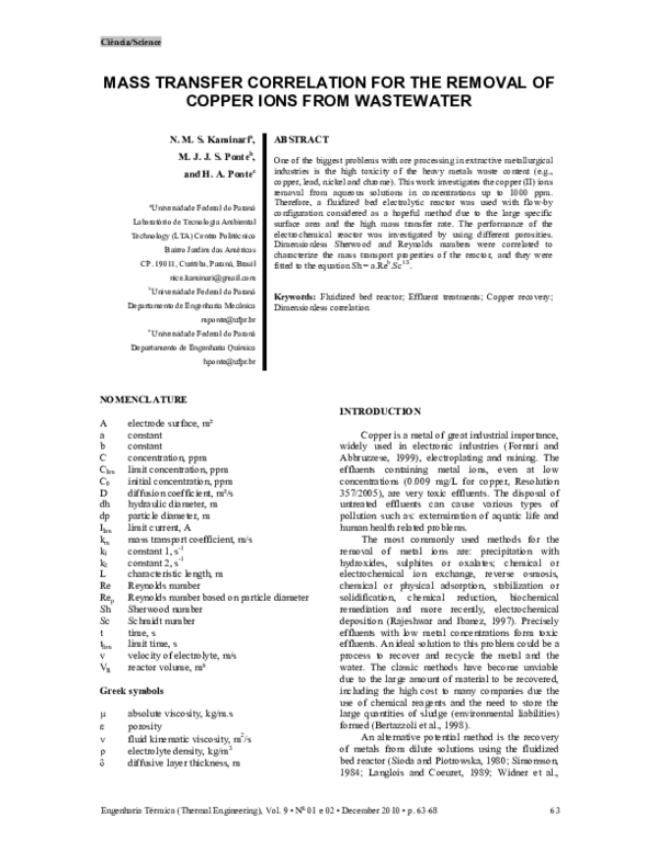 (PDF) Mass Transfer Correlation for the Removal of Copper Ions from ...