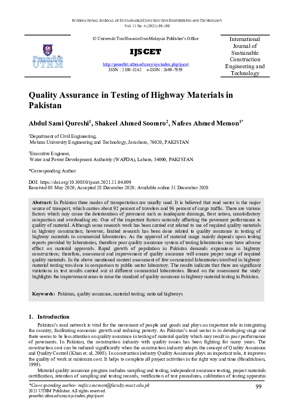 (PDF) Quality Assurance in Testing of Highway Materials in Pakistan