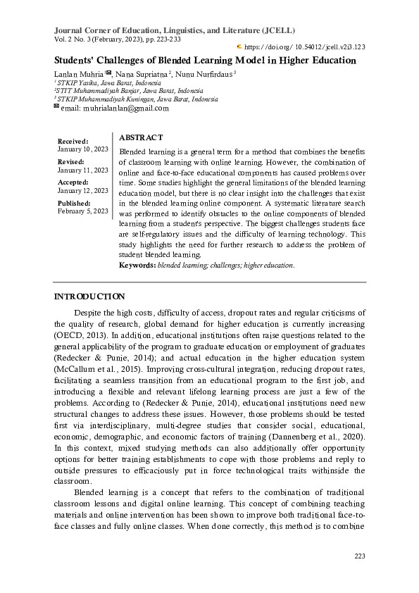 (PDF) Students' Challenges of Blended Learning Model in Higher Education
