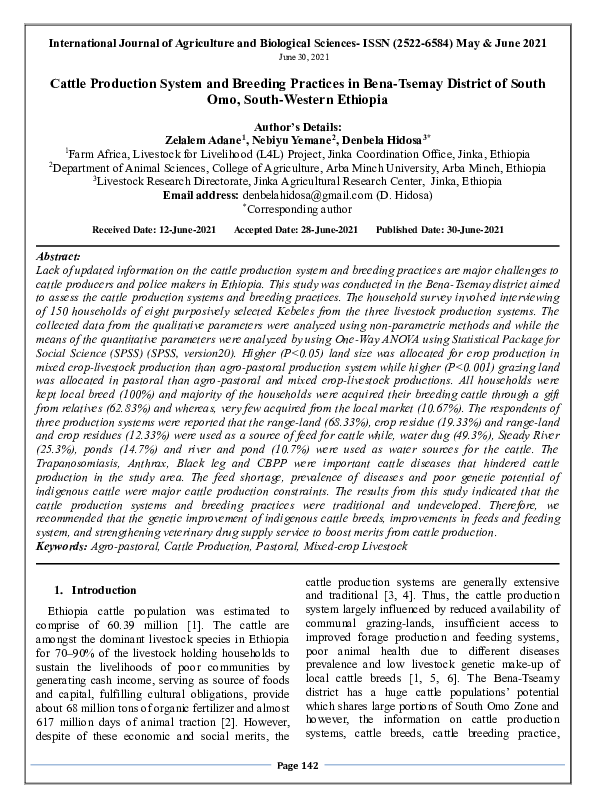 (PDF) Cattle Production System and Breeding Practices in Bena-Tsemay ...