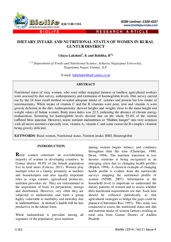 (PDF) DIETARY INTAKE AND NUTRITIONAL STATUS OF WOMEN IN RURAL GUNTUR ...