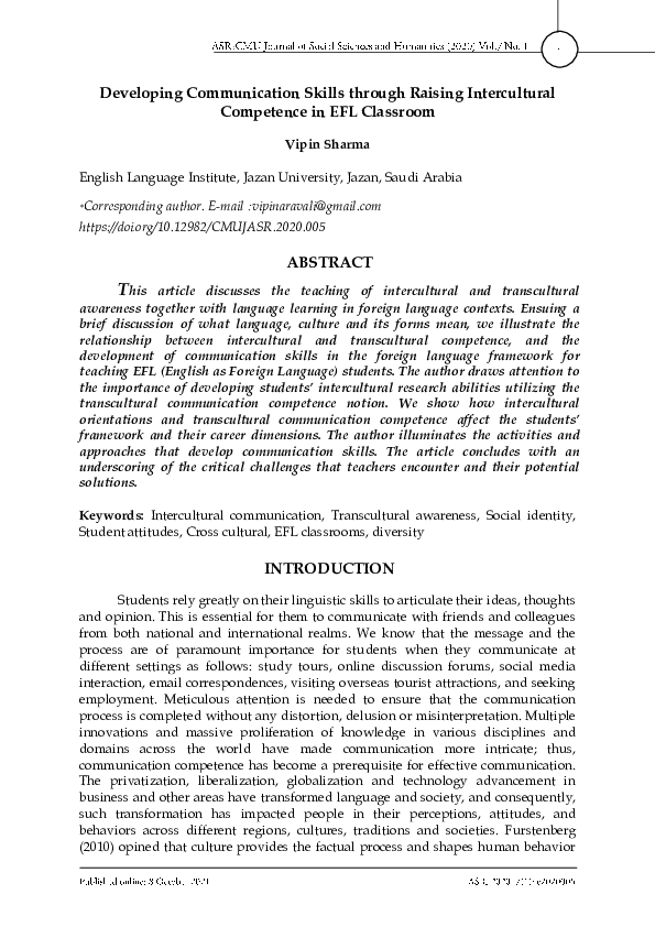 Pdf Developing Communication Skills Through Raising Intercultural Competence In Efl Classroom Pdf Developing Communication Skills Through Raising Intercultural Competence In Efl Classroom