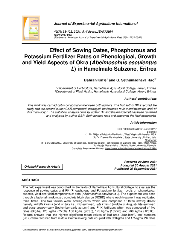 (PDF) Effect of Sowing Dates, Phosphorous and Potassium Fertilizer ...