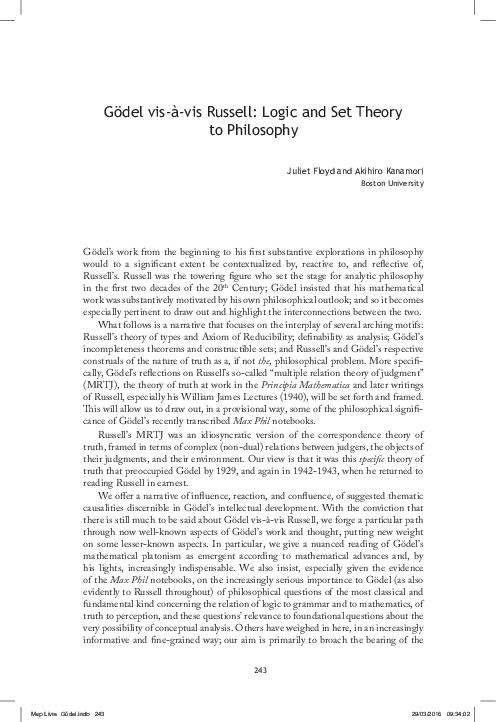 (PDF) Gödel vis-à-vis Russell: Logic and set Theory to Philosophy