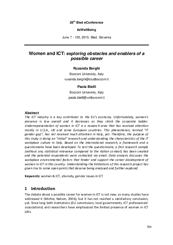 (PDF) Women and ICT: exploring obstacles and enablers of a possible career