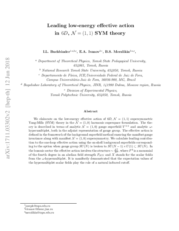 (PDF) Leading low-energy effective action in 6 D , N = ( 1 , 1 ) SYM theory