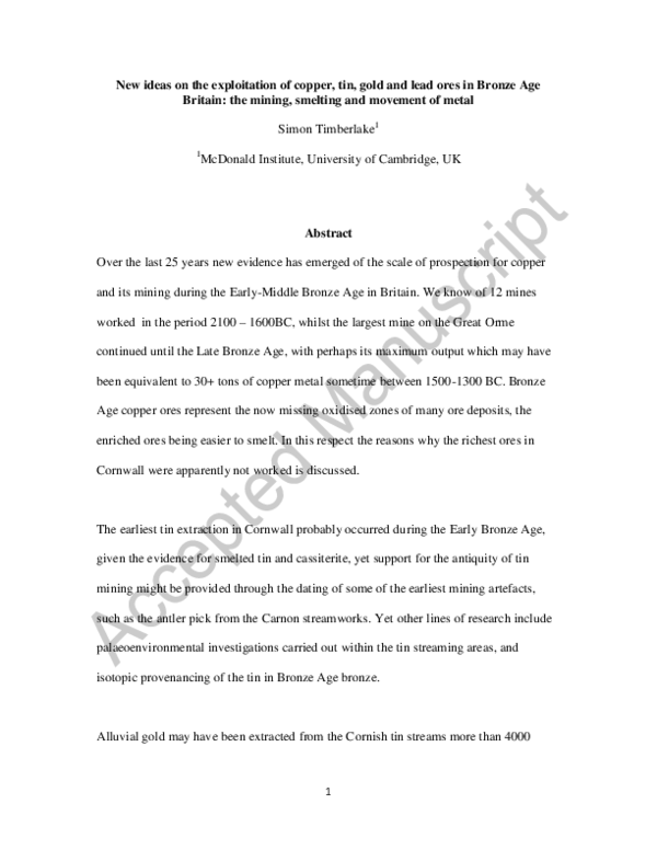 (PDF) New ideas on the exploitation of copper, tin, gold, and lead ores