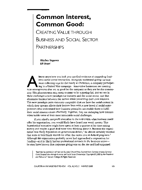 (PDF) Common Interest, Common Good: Creating Value Through Business and ...