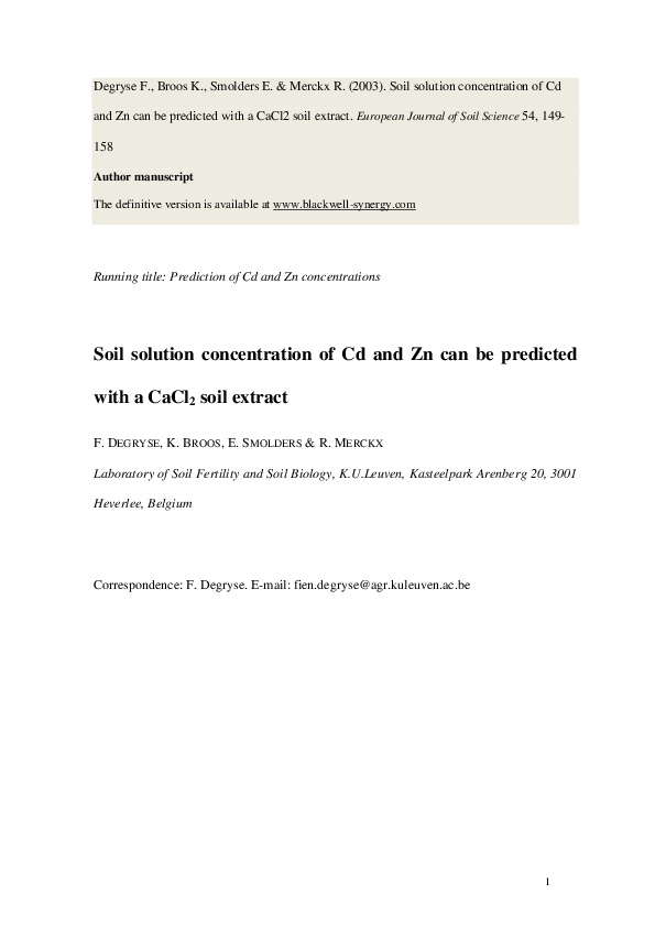 (PDF) Soil solution concentration of Cd and Zn canbe predicted with a ...