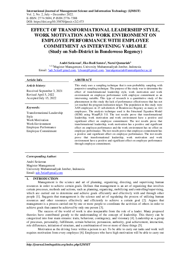 (PDF) Effect of Transformational Leadership Style, Work Motivation and ...