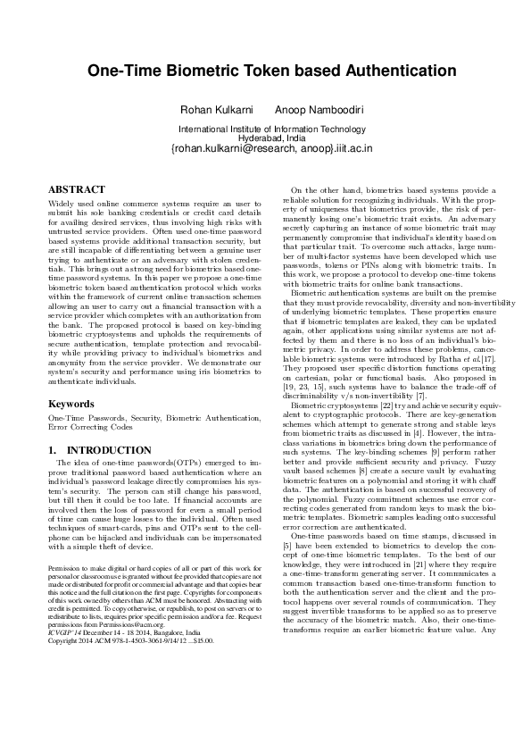 (PDF) One-Time Biometric Token based Authentication