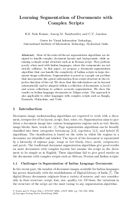 (PDF) Learning Segmentation of Documents with Complex Scripts