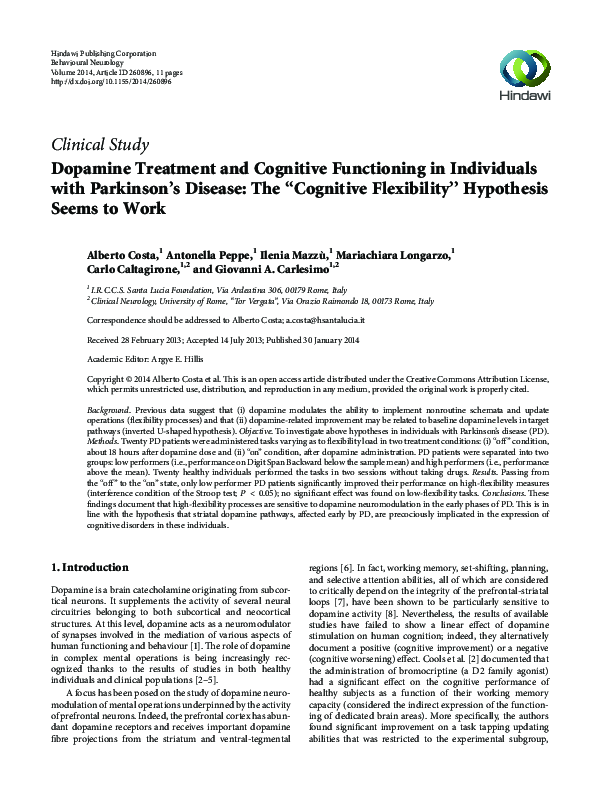 (PDF) Dopamine Treatment and Cognitive Functioning in Individuals with ...