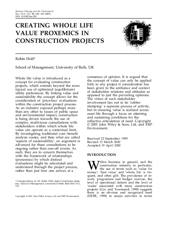 (PDF) Creating whole life value proxemics in construction projects
