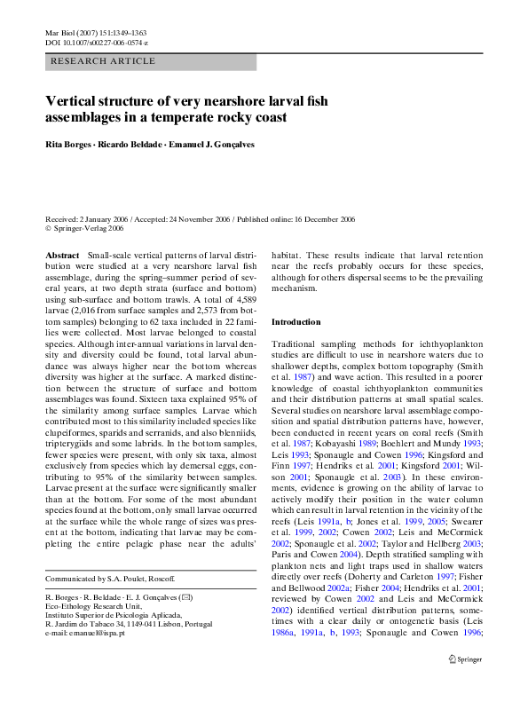 (PDF) Vertical structure of very nearshore larval fish assemblages in a ...