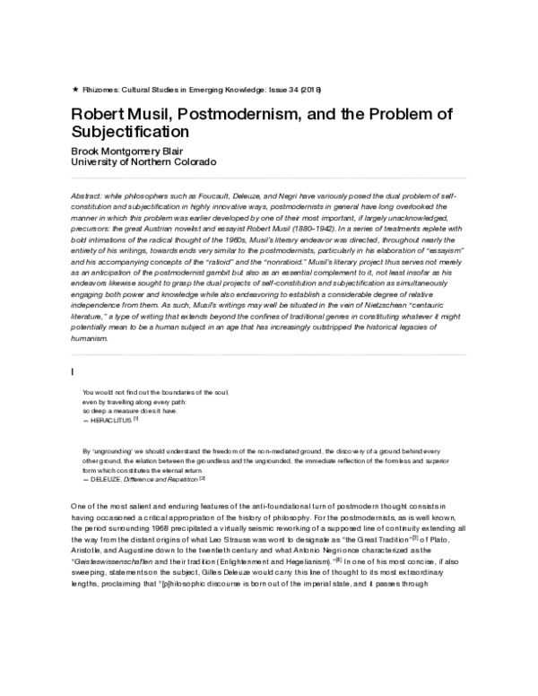 (PDF) Robert Musil, Postmodernism, and the Problem of Subjectification