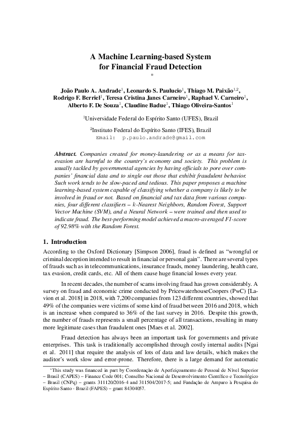 (PDF) A Machine Learning-based System for Financial Fraud Detection
