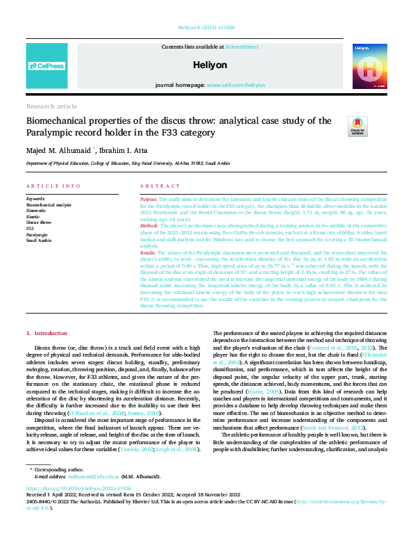 (PDF) Biomechanical Properties of the Discus Throw Analytical Case Study of the Paralympic