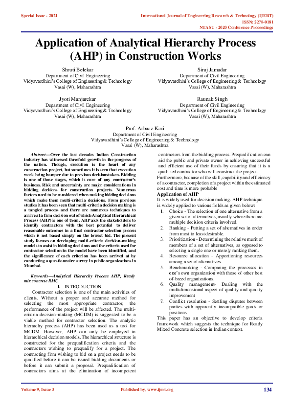 (PDF) Application of Analytical Hierarchy Process (AHP) in Construction ...