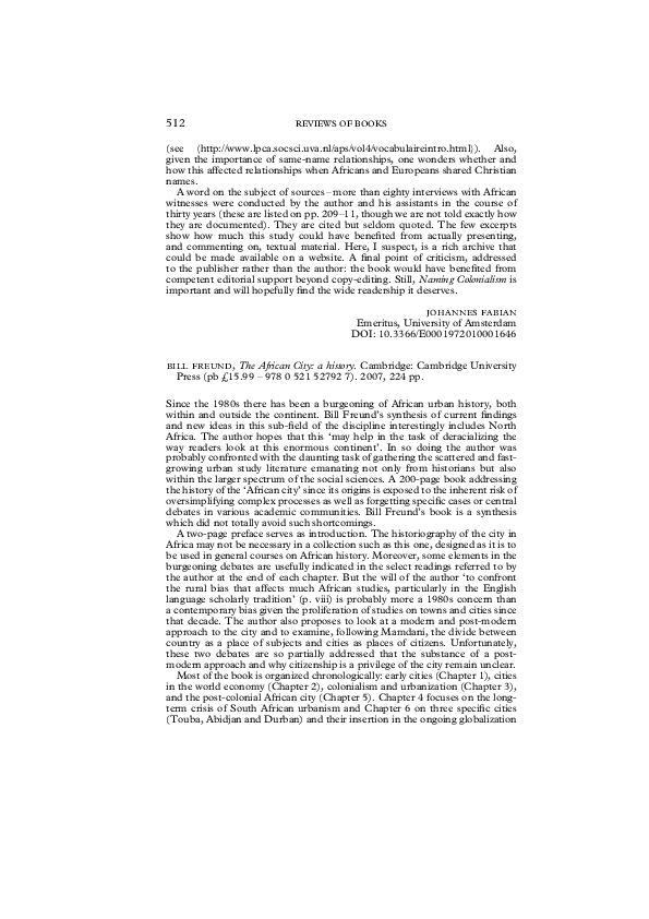 (PDF) Bill Freund, The African City: a history. Cambridge: Cambridge ...