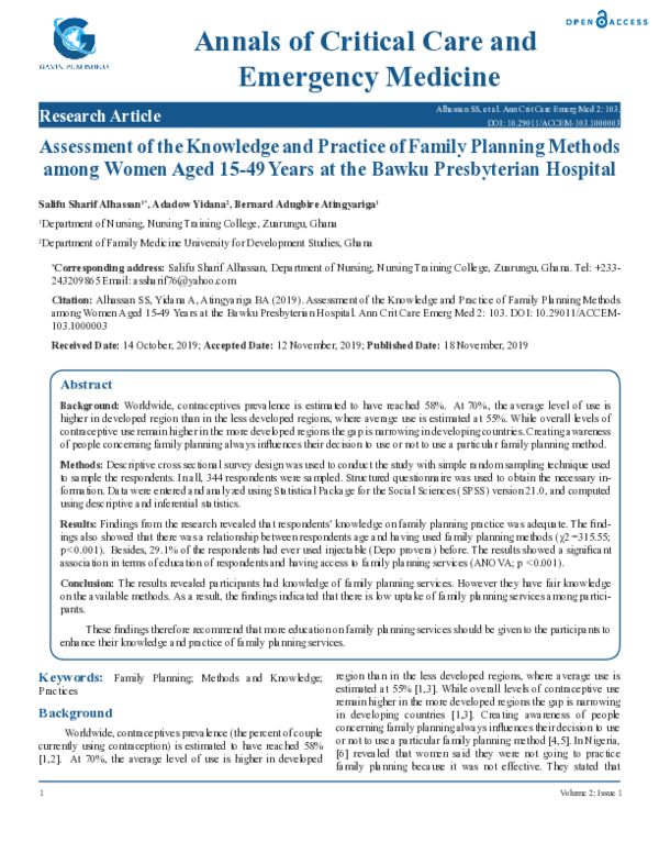 (PDF) Assessment of the Knowledge and Practice of Family Planning ...