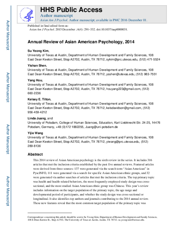 (PDF) Annual review of Asian American Psychology 2011