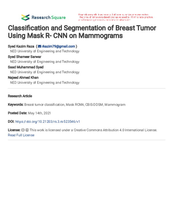 (PDF) Classification and Segmentation of Breast Tumor Using Mask R- CNN ...