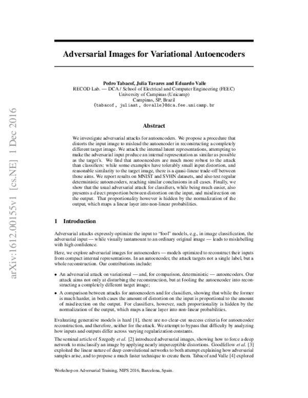 (PDF) Adversarial Images for Variational Autoencoders