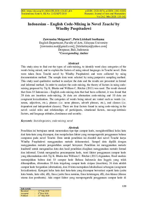 (PDF) Indonesian – English Code-Mixing in Novel Touché by Windhy ...
