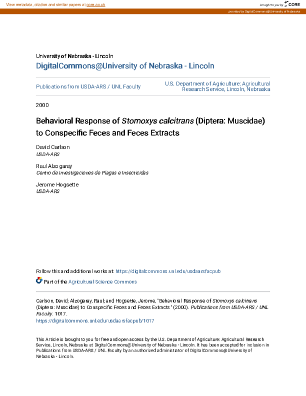 (PDF) Behavioral Response of \u3ci\u3eStomoxys calcitrans\u3c/i\u3e ...