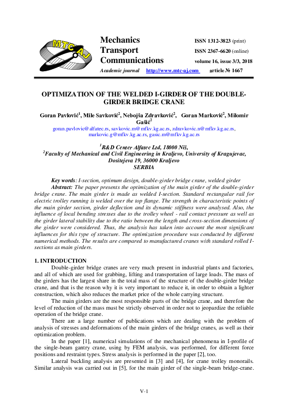 (PDF) OPTIMIZATION OF THE WELDED I-GIRDER OF THE DOUBLE-GIRDER BRIDGE CRANE