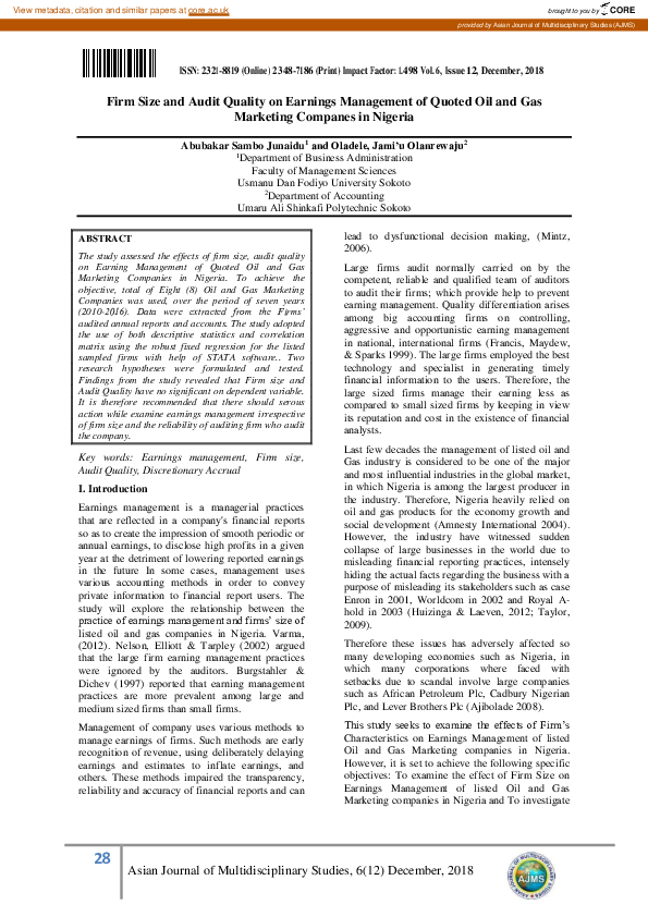 (PDF) Firm Size And Audit Quality On Earnings Management Of Quoted Oil ...
