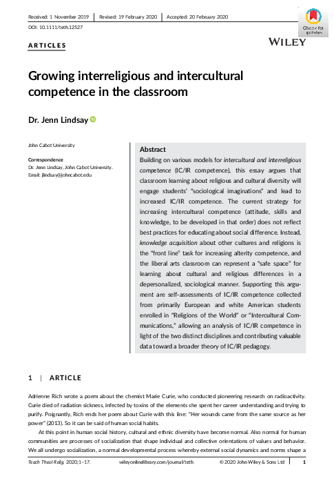 (PDF) Growing interreligious and intercultural competence in the classroom