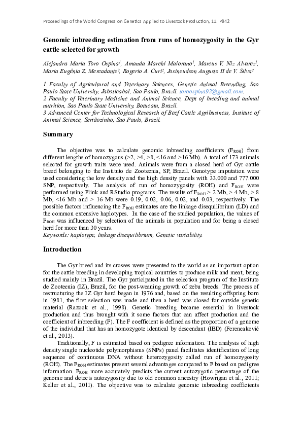 (PDF) Genomic inbreeding estimation from runs of homozygosity in the ...
