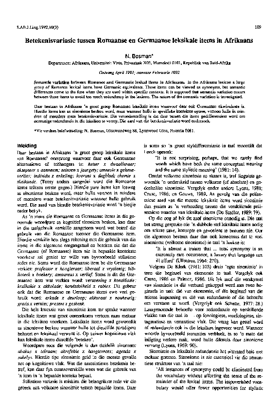  PDF Betekenisvariasie Tussen Romaanse En Germaanse Leksikale Items In Afrikaans Nerina 