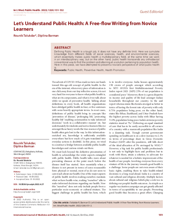 (PDF) Let’s Understand Public Health: A Free-flow Writing from Novice ...