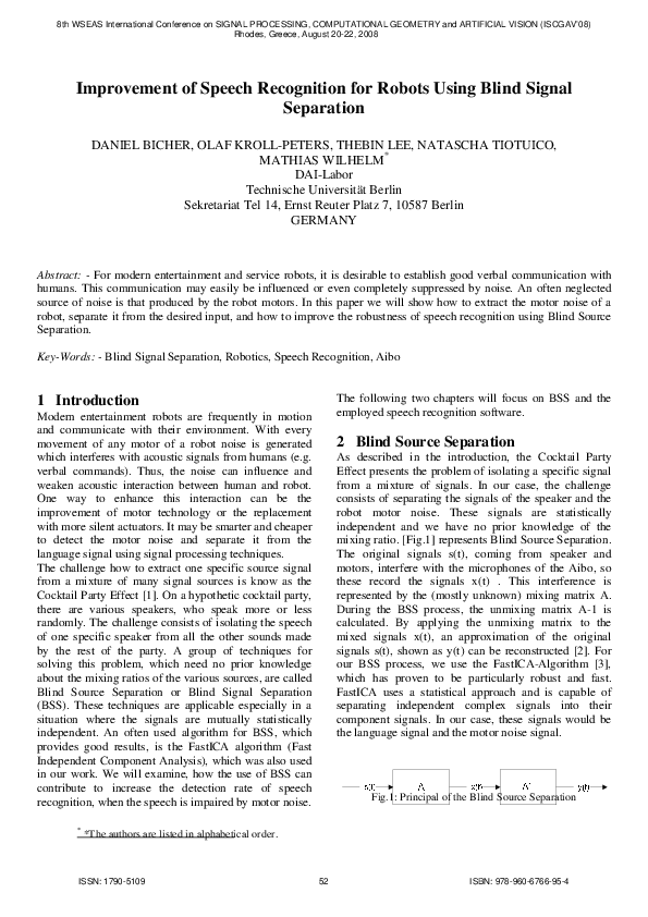 (PDF) Improvement of speech recognition for robots using blind signal ...