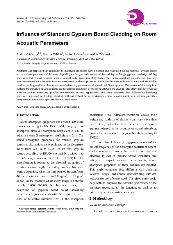 (PDF) Influence of Standard Gypsum Board Cladding on Room Acoustic ...