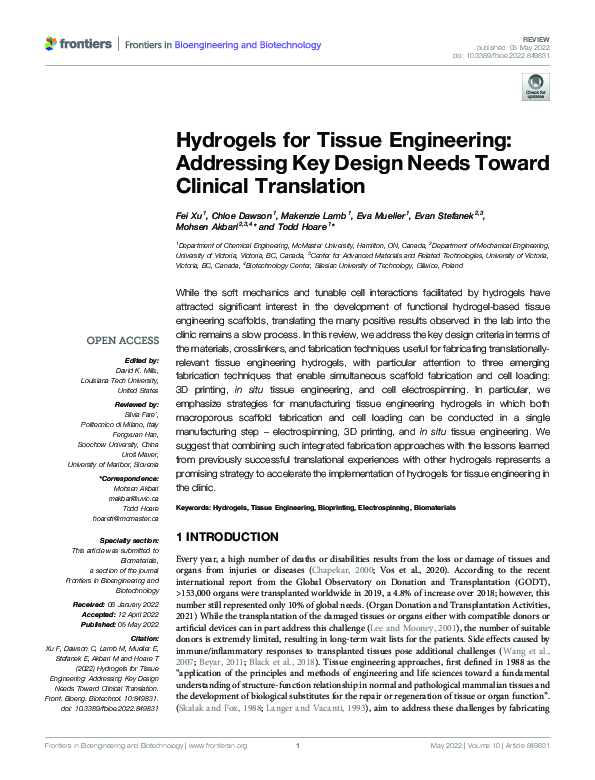 (PDF) Hydrogels for Tissue Engineering: Addressing Key Design Needs ...