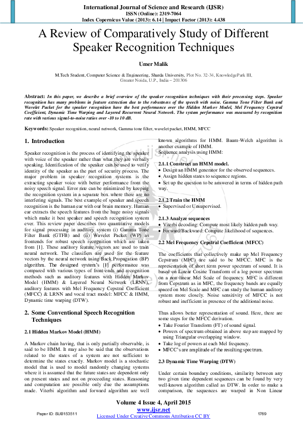 (PDF) A Review of Comparatively Study of Different Speaker Recognition ...