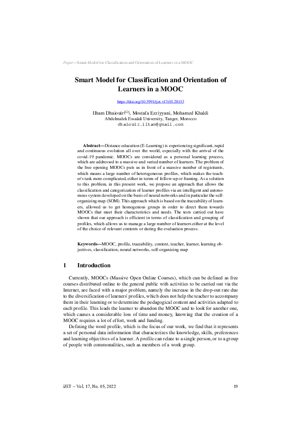 (PDF) Smart Model for Classification and Orientation of Learners in a MOOC