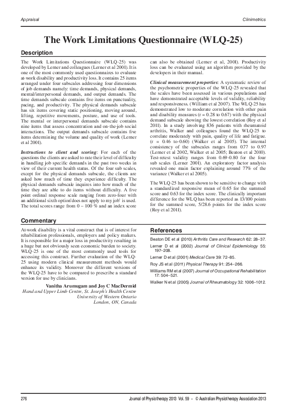 (PDF) The Work Limitations Questionnaire (WLQ25)