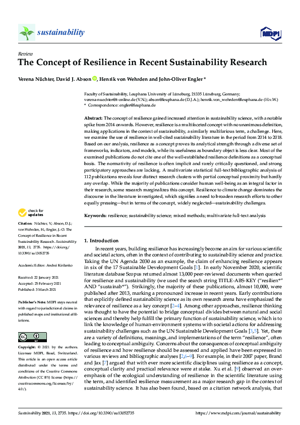 (PDF) The Concept of Resilience in Recent Sustainability Research