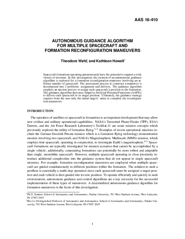 (PDF) Aas 16-410 Autonomous Guidance Algorithm for Multiple Spacecraft ...