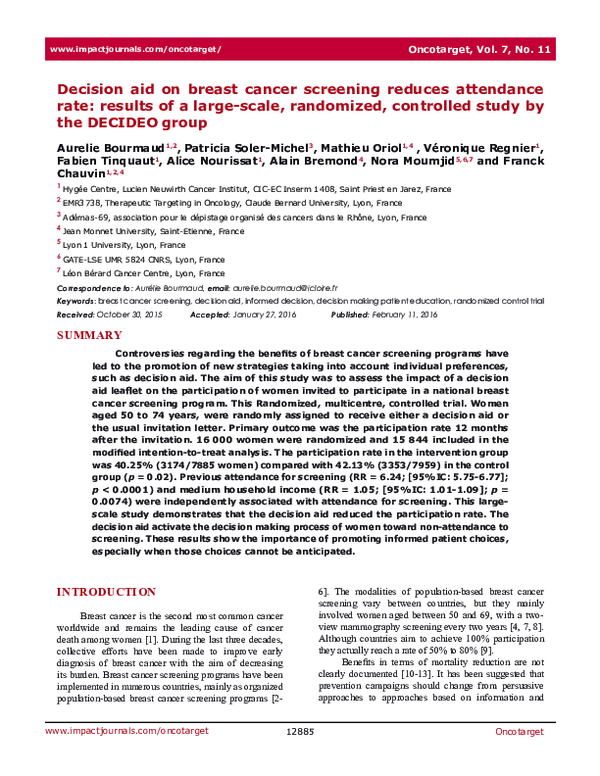 (PDF) Decision aid on breast cancer screening reduces attendance rate ...