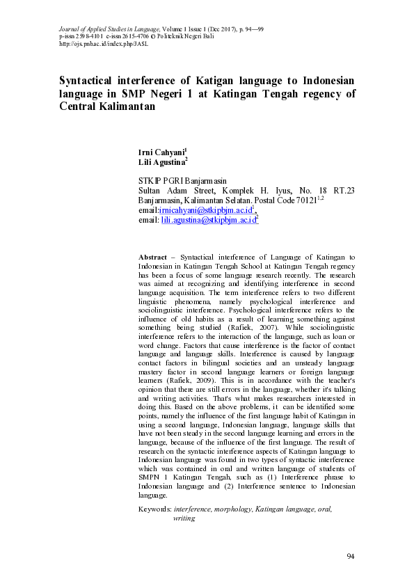 (PDF) Syntactical interference of Katigan language to Indonesian ...
