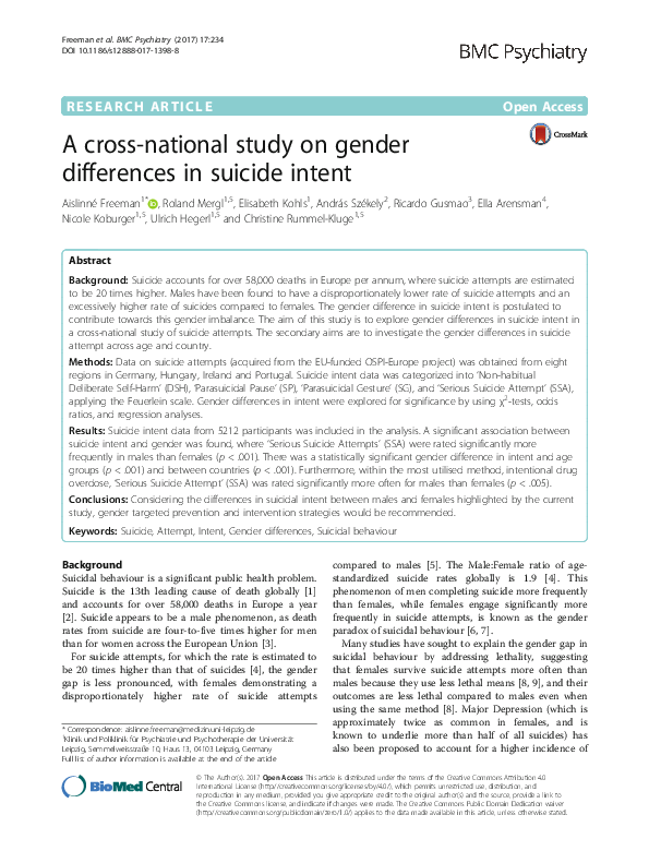 (PDF) A cross-national study on gender differences in suicide intent