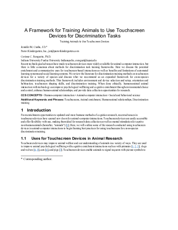 (PDF) A Framework for Training Animals to Use Touchscreen Devices for ...