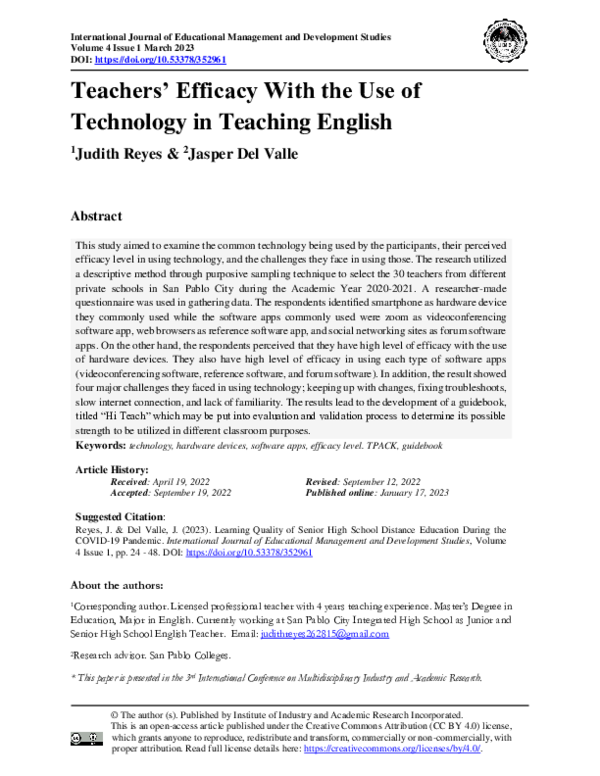 (PDF) Teachers’ Efficacy With the Use of Technology in Teaching English