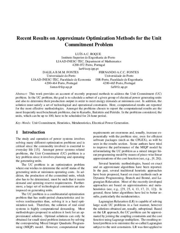 (PDF) Recent Results on Approximate Optimization Methods for the Unit ...